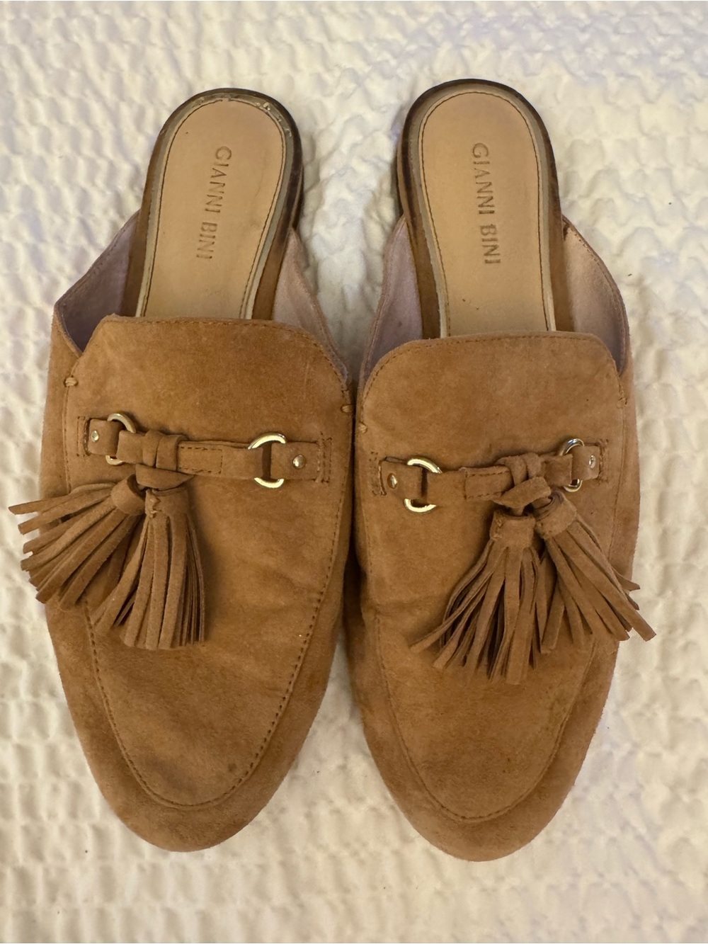 Gianni Bini Tan Suede Tassel Mules